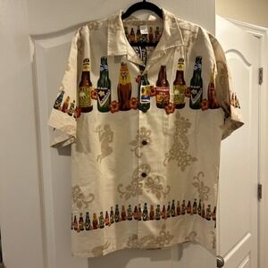Palmwave Hawaiian Button Up Shirt 100% Cotton Large Beer Bottles Beers NEW NWT